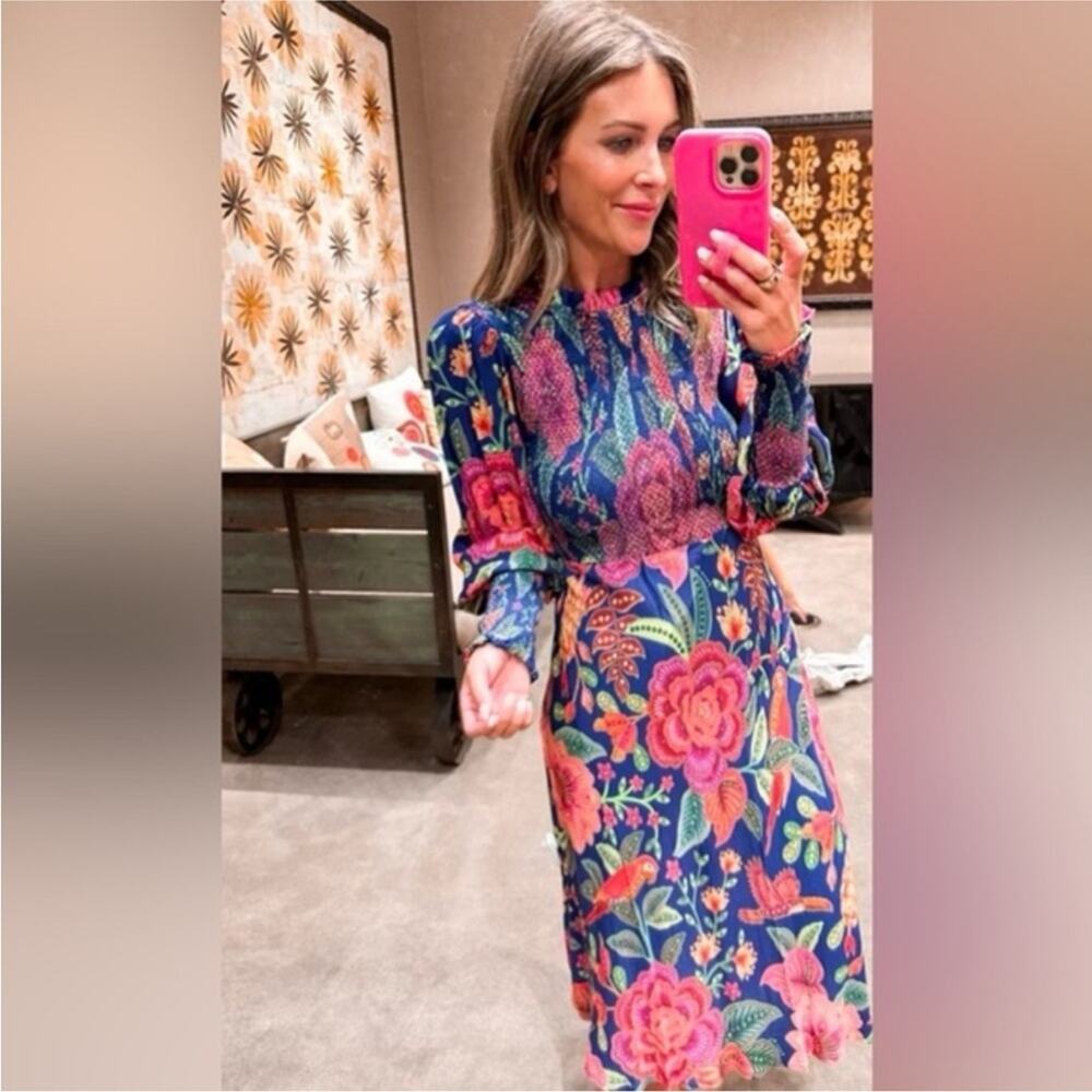 Farm Rio Macaw Bloom Floral Smocked Mock Neck Juliet Dress S